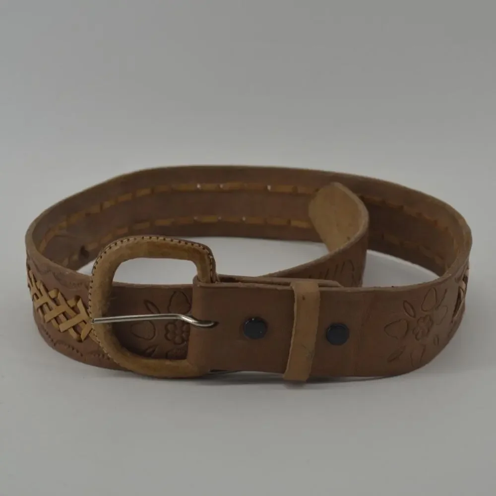 Western Leather Belt Tooled Stitched Brown Cowboy Size 28